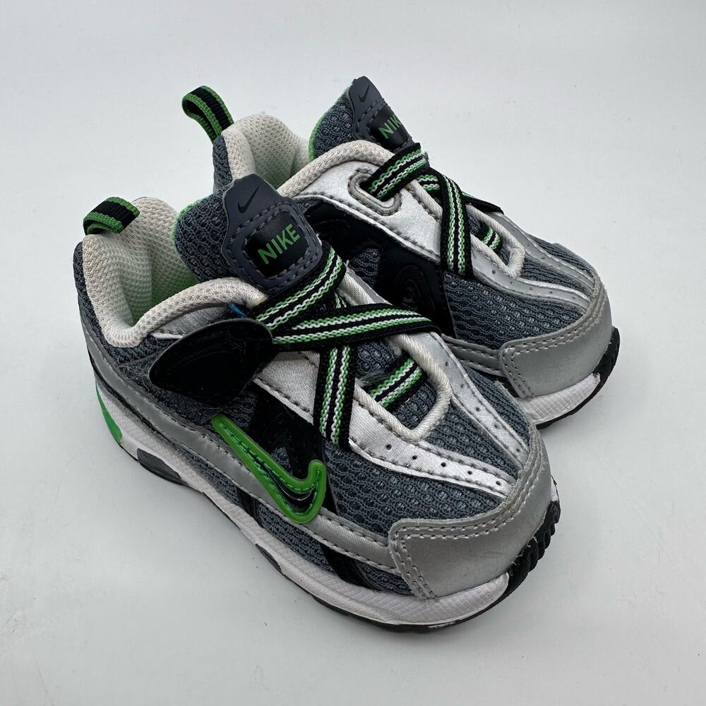 Nike T Run 2 Sneakers Gray Green Black Kids 10C 336468-002 Running Sporty Play